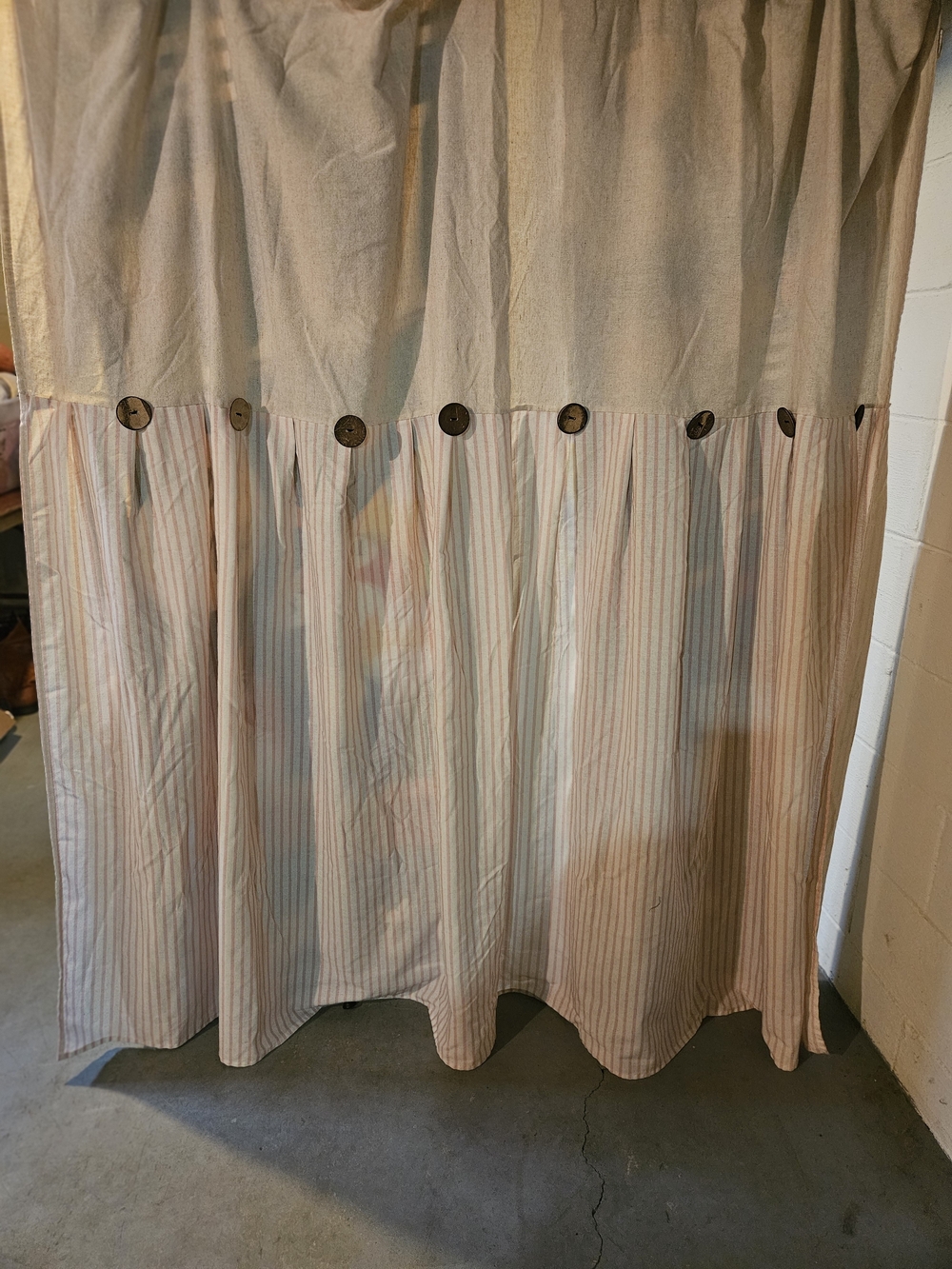 Striped Pink and Cream Shower Curtain Panel with Button Trim